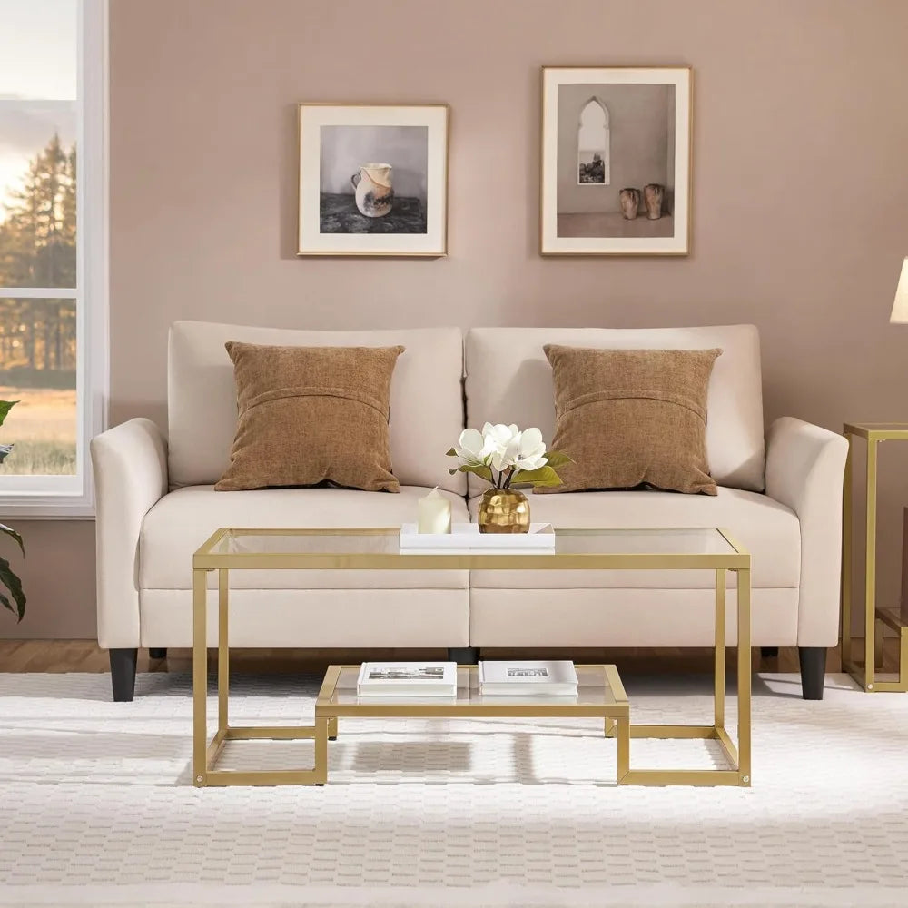 Gold Coffee Table, 42" Rectangular Glass Coffee Table for Living Room, 2-Tier Living Room Tables with Storage Center, Customized