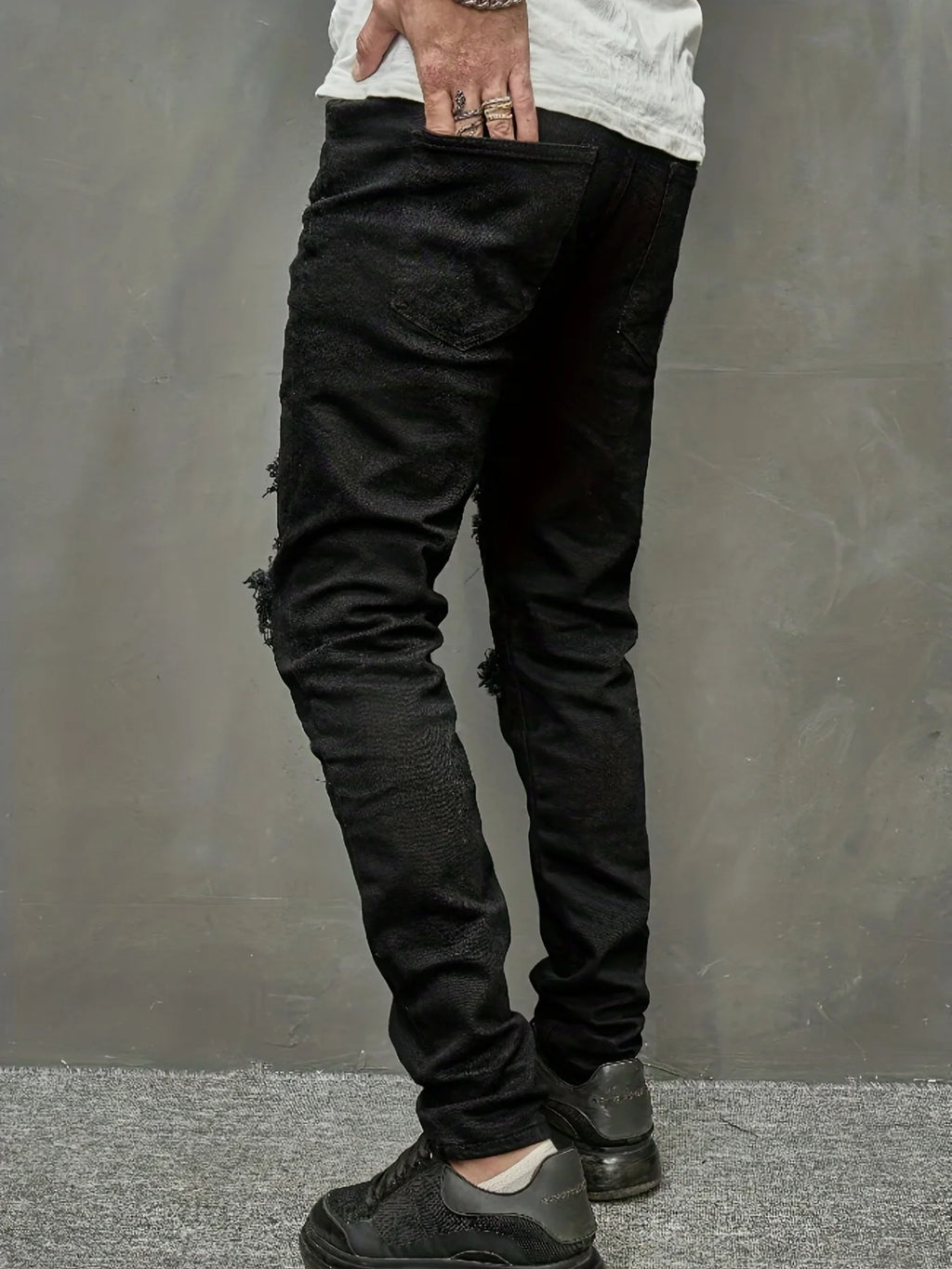 Men's Slim Fit Jeans with Torn Holes and Fabric Patch