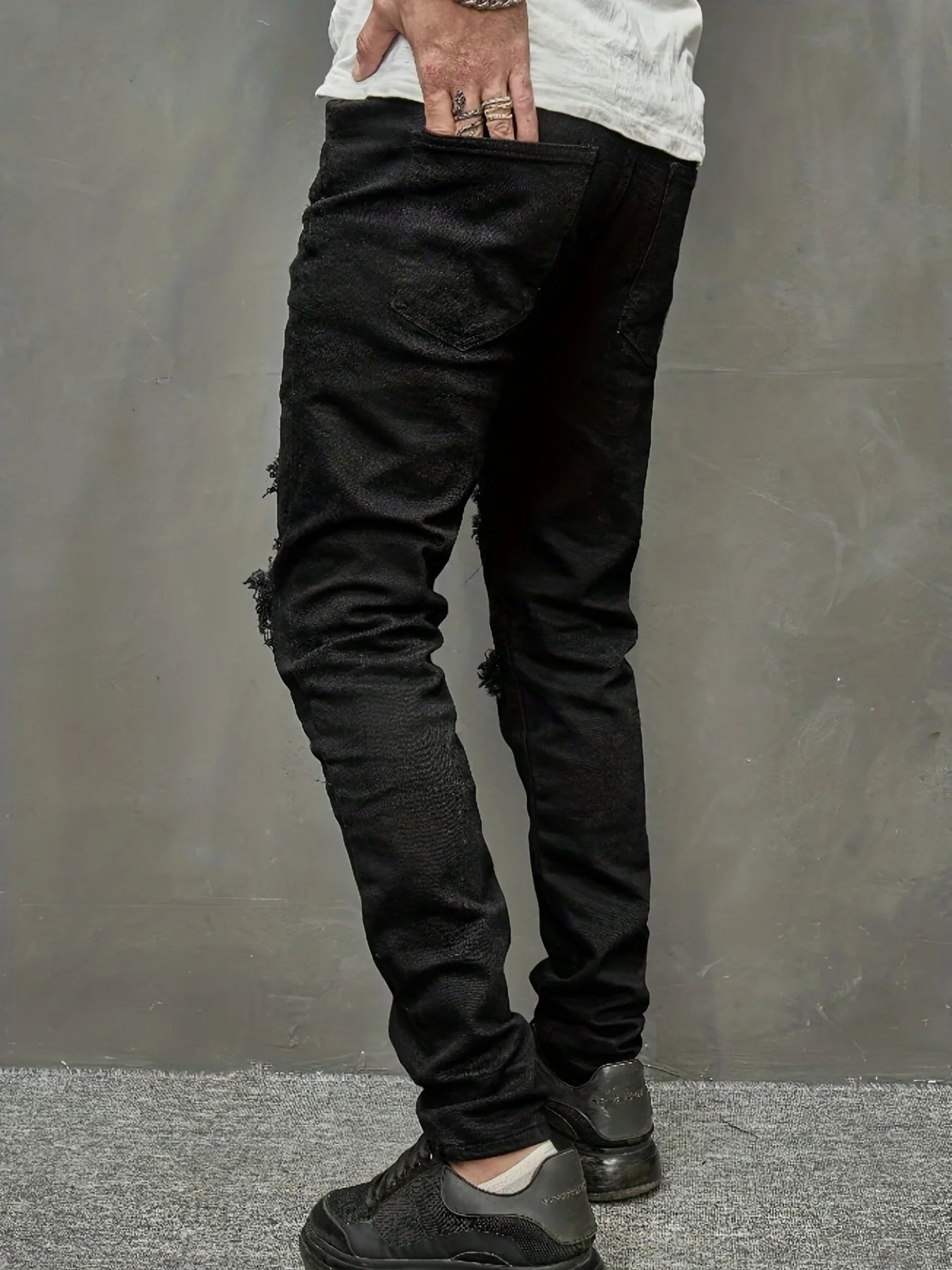 Men's Slim Fit Jeans with Torn Holes and Fabric Patch