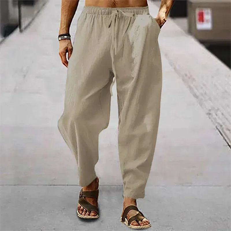 New Men's Cotton Linen Pants for Summer and Autumn - Solid High Waist Wide-Leg Trousers - Loose Hemp Casual Breathable Sports Pants