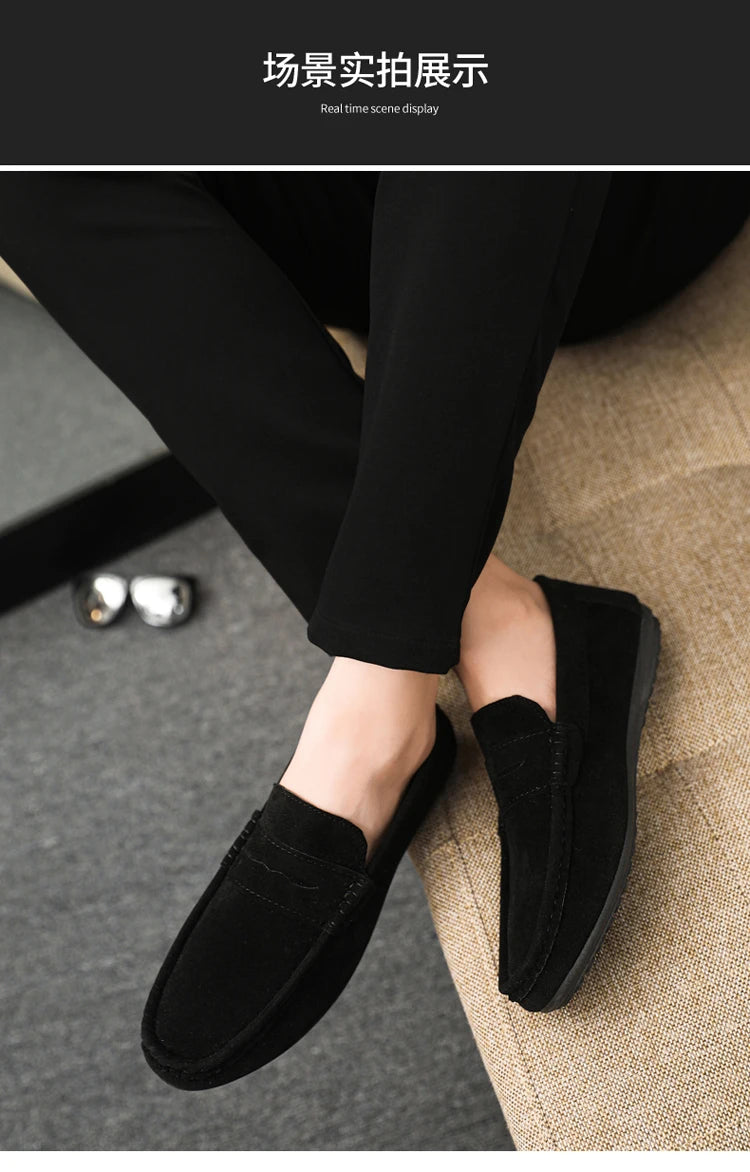 2025 Autumn Deer Leather Casual Men's Shoes Versatile Comfortable Work Shoes Driving Loafers Black, Grey, Khaki Three-Colour