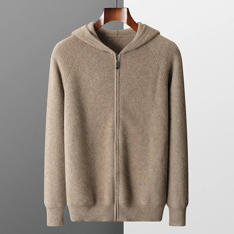 Men's 100% Merino Wool Hooded Zipper Cardigan - Autumn Winter Thick Knit Large Size Jacket Long Sleeved Sportswear Coat