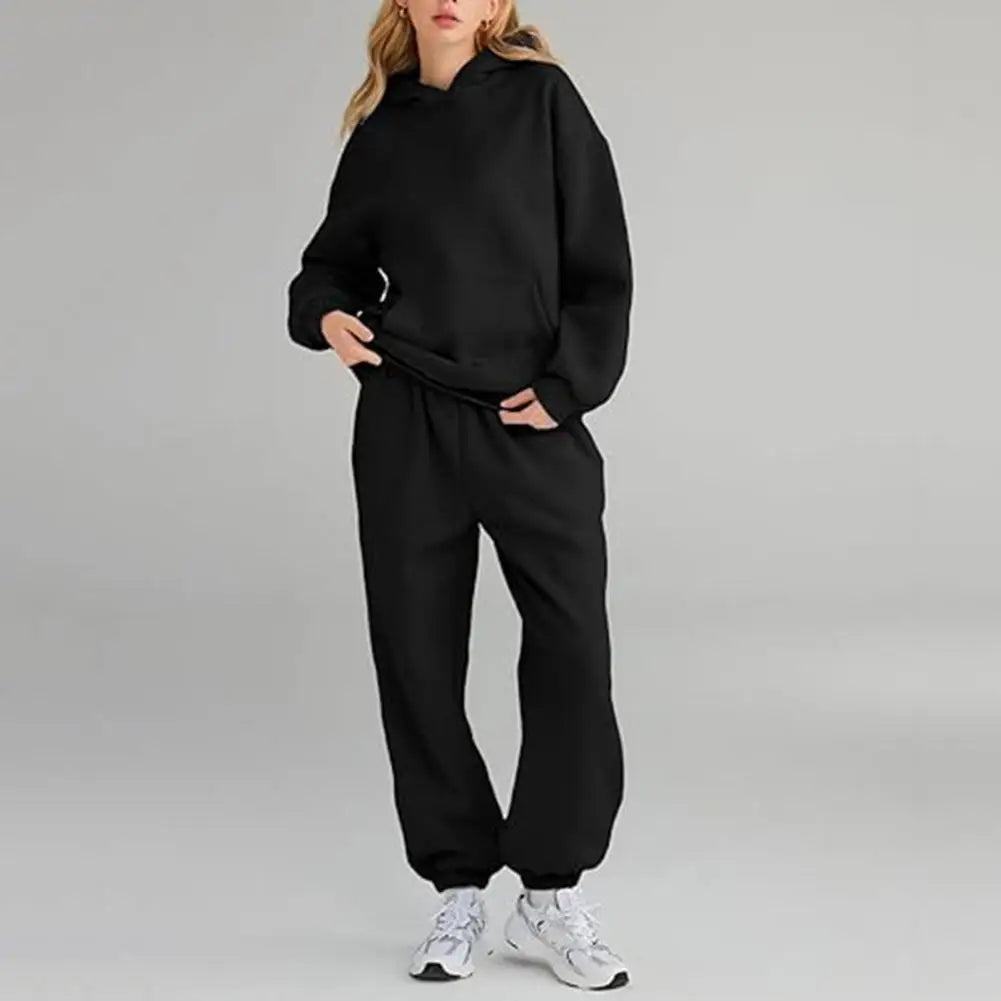 Women's Tracksuit Suit Winter Fashion Warm Hoodie Sweatshirts Two Pieces Oversized Solid Casual Hoody Pullovers Long Pant Sets