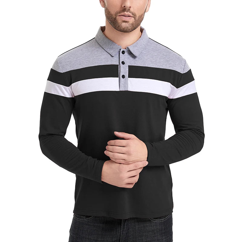 Men's Long Sleeve Casual Cotton Patchwork Collared Shirt Autumn Striped Pullover Streetwear Golf Button Polo Shirts