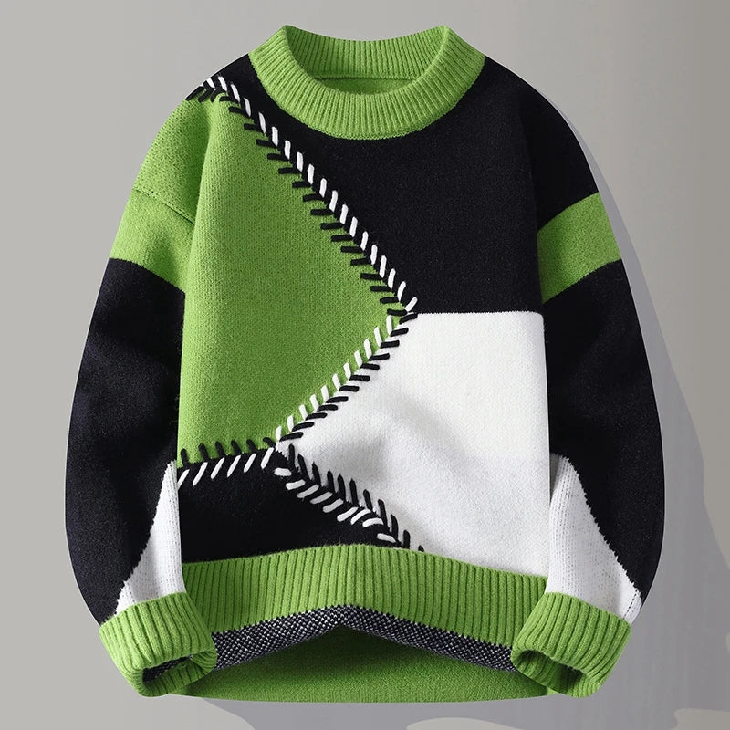 Autumn Winter Youthful Vitality Pullovers Men Fashion Patchwork O-Neck Knitted Sweater Mens Loose Warm Casual Chic Knit Sweaters