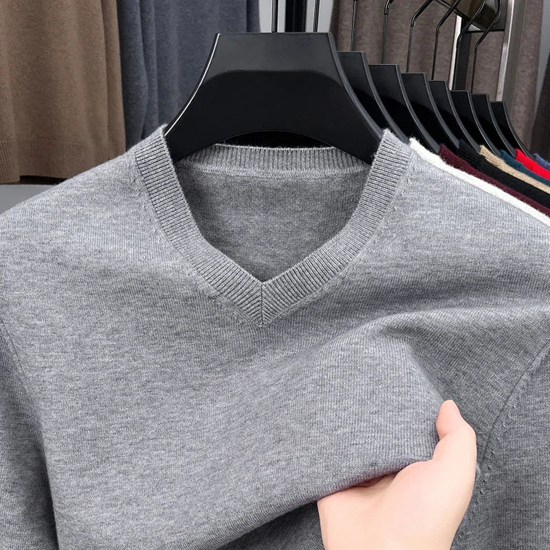 Men's V-Neck Basic Solid Color Sweatshirt Warm Autumn Knitted Oversize Pullover Elastic Round Neck Sweater for Casual Wear