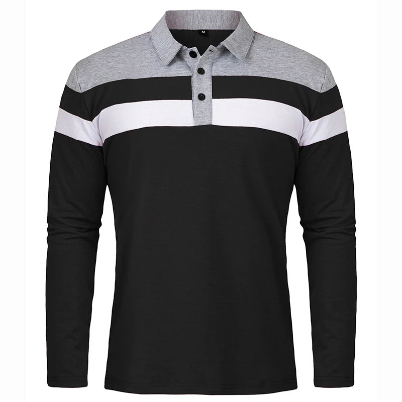 Men's Long Sleeve Casual Cotton Patchwork Collared Shirt Autumn Striped Pullover Streetwear Golf Button Polo Shirts