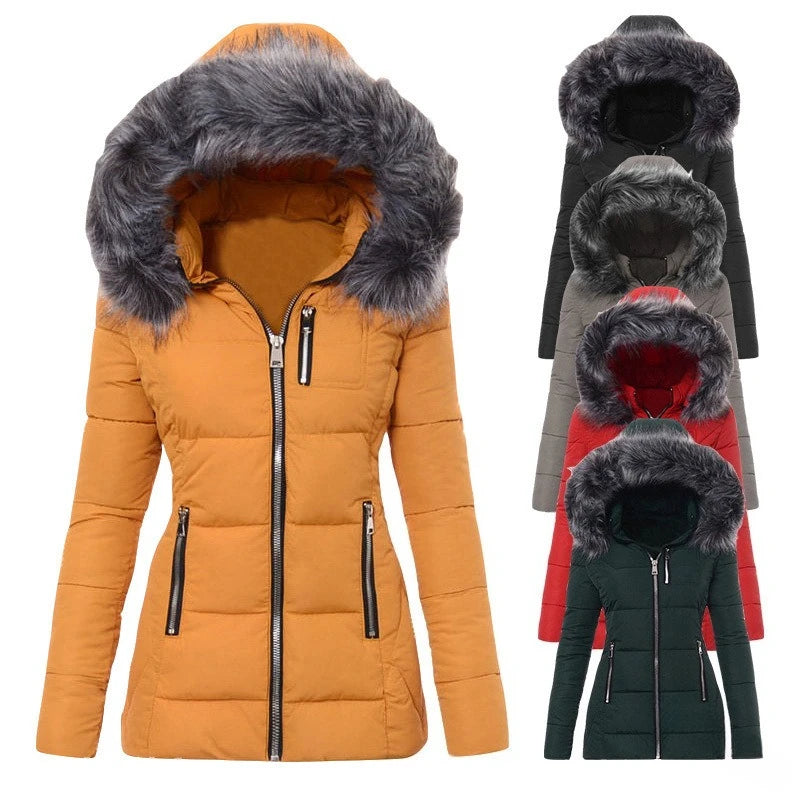 Women's Parkas Jacket Cotton Coat Winter Thick Fur Collar Hooded Windproof Padded Jackets Outerwear Zipper Overcoat Office Lady