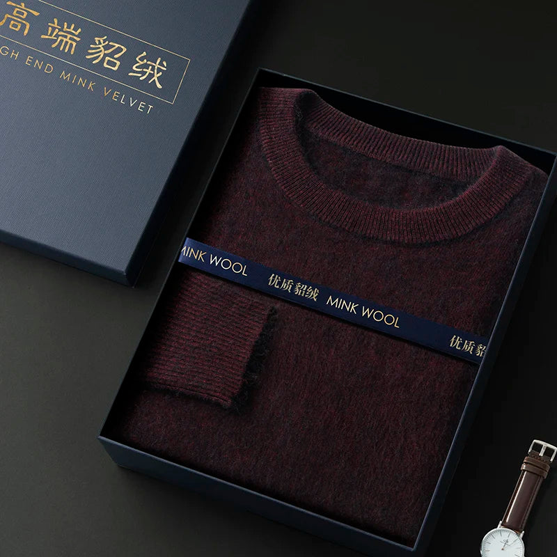 100% Pure Mink Cashmere Men's Round Neck Sweater for Autumn Winter, Casual Knitted Long Sleeved Pullover Sweater Men's Clothing