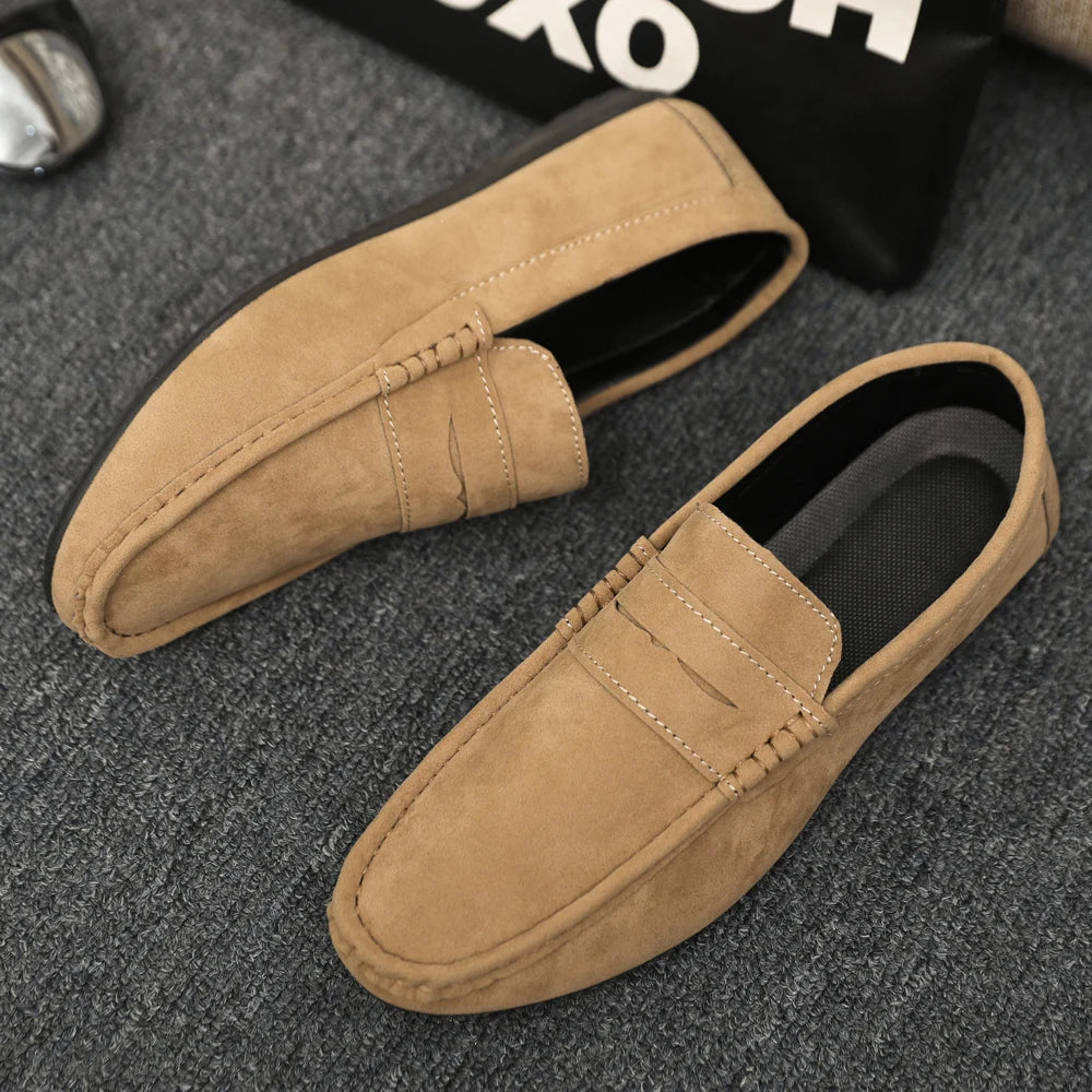 2025 Autumn Deer Leather Casual Men's Shoes Versatile Comfortable Work Shoes Driving Loafers Black, Grey, Khaki Three-Colour