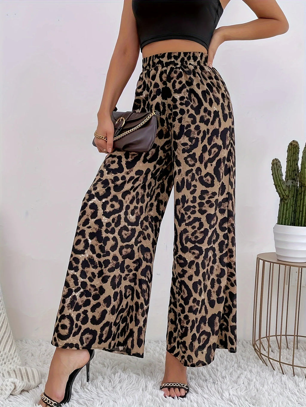 2025 Summer Temperament Leopard Print Casual Pants for Women, Elastic Waistband, Wide Leg