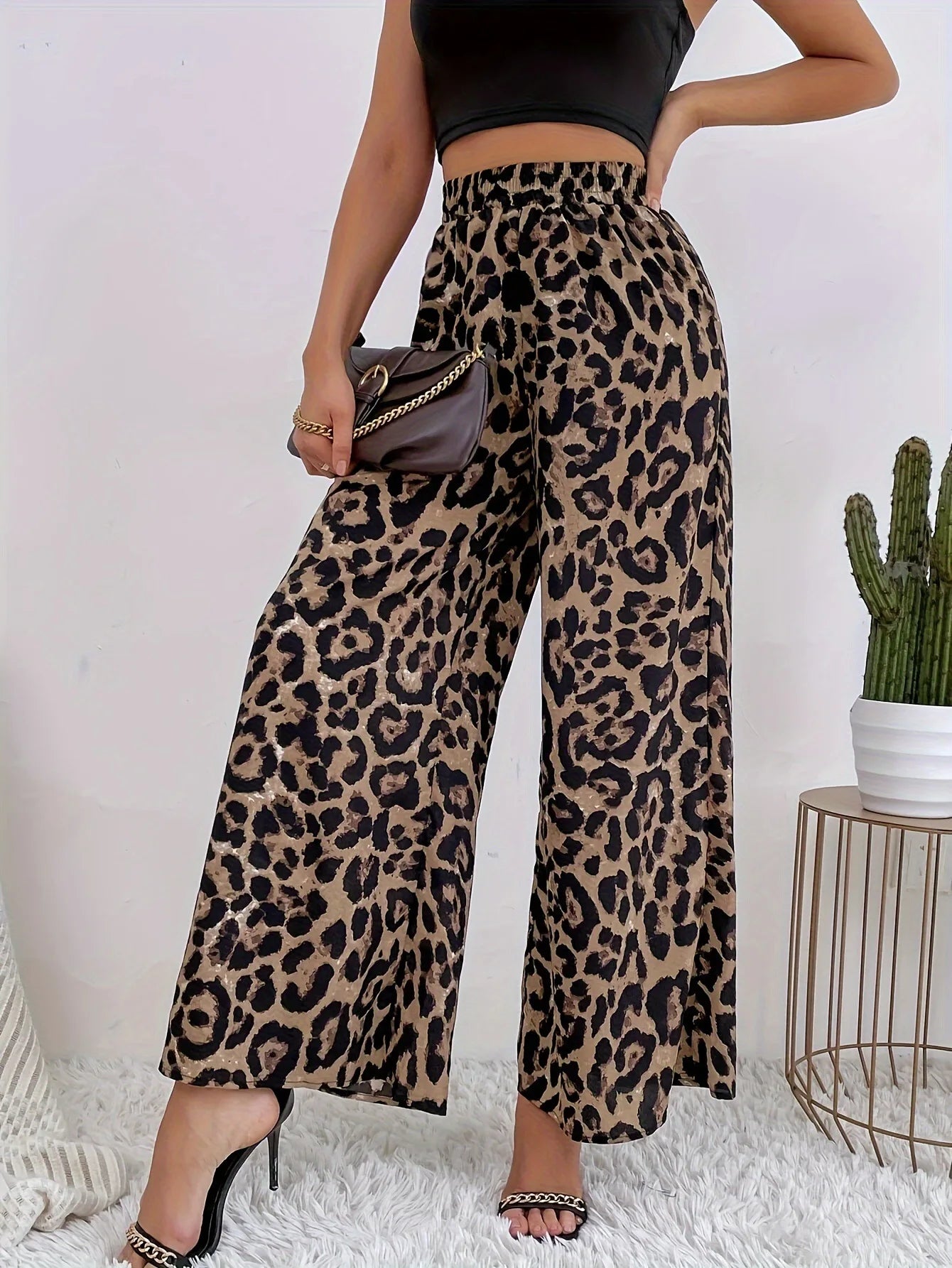 2025 Summer Temperament Leopard Print Casual Pants for Women, Elastic Waistband, Wide Leg