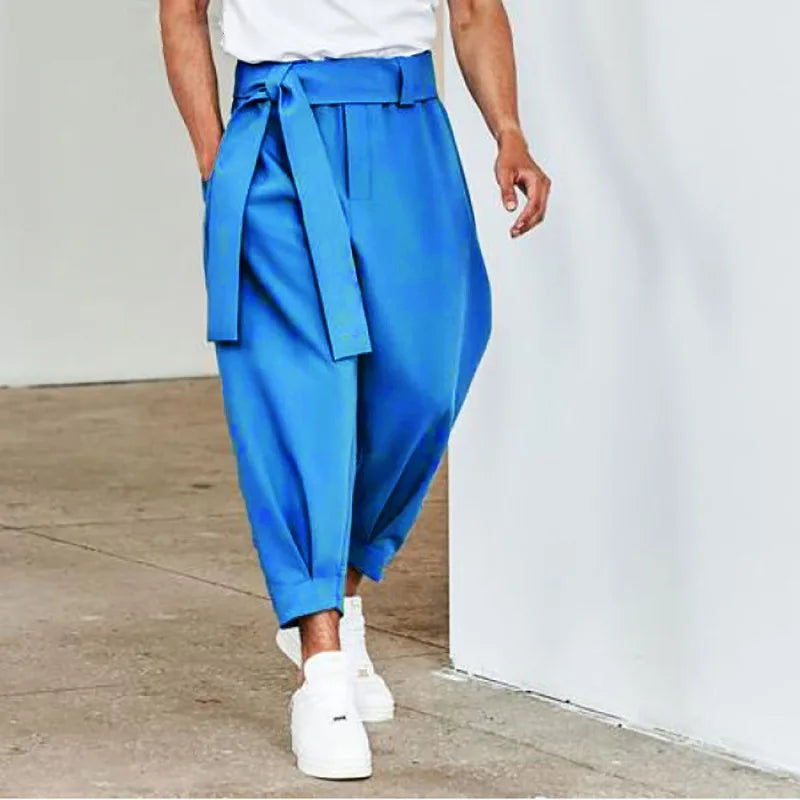 Spring Men's Loose Solid Color Cropped Pants with Belt Decoration and Gathered Feet