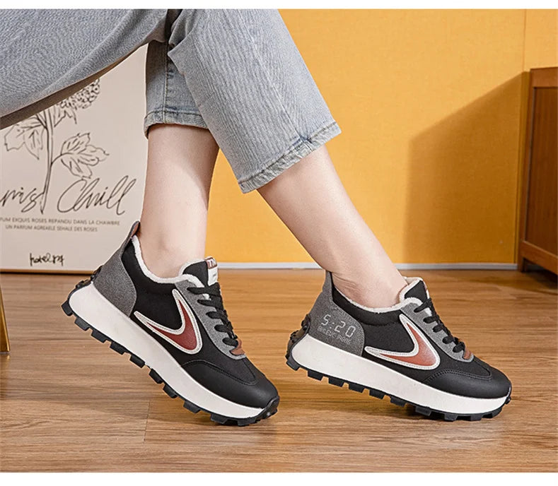 Autumn Winter Chunky Sneaker Women Retro Running Shoes Fashion Casual Fabric Breathable Height Increased Platform Shoes