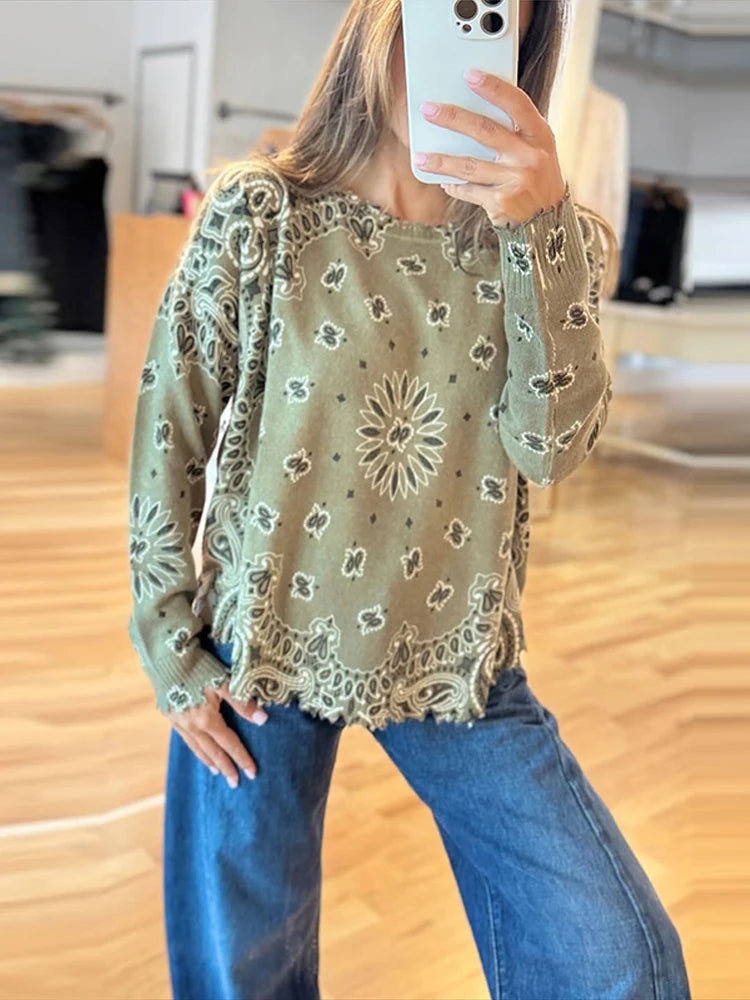 2026 Spring New Paisley Cashew Flower Knitted Pullover for Women Elegant Long Sleeve Sweater Female Irregular Chic Street Jumper