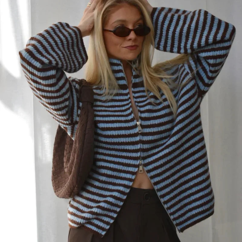 Women's Panelled Striped Zipper Knit Sweater Turtleneck Full Sleeve Coat 2026 Spring Autumn Female Casual Outings Daily Matching