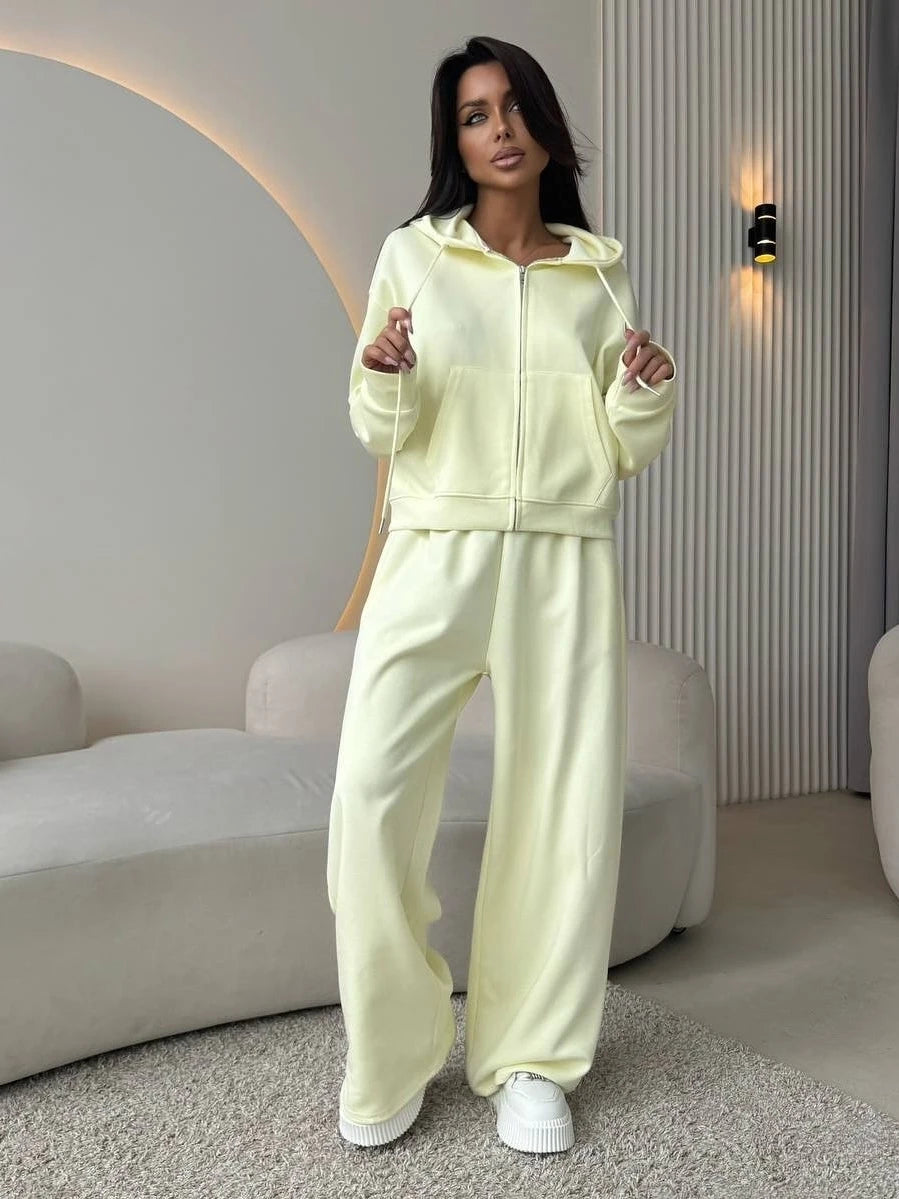 Fashionable Casual Loose Hooded Jacket and Pants Set Long Sleeve Zipper Closure Sweatshirt for Adult Women's Autumn Wear