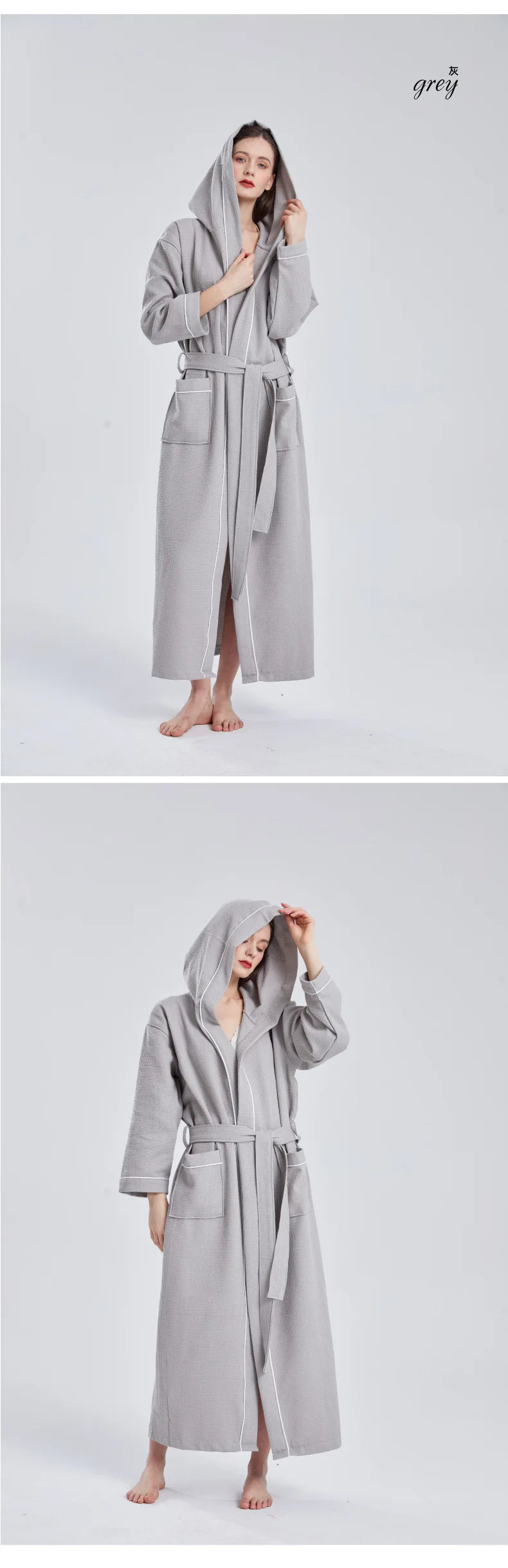 Pure Cotton Waffle Hooded Hotel SPA Robe for Men and Women - Quick Drying, Absorbent Kimono Yukata Sleepwear, Homewear, Casual Soft Bathrobe