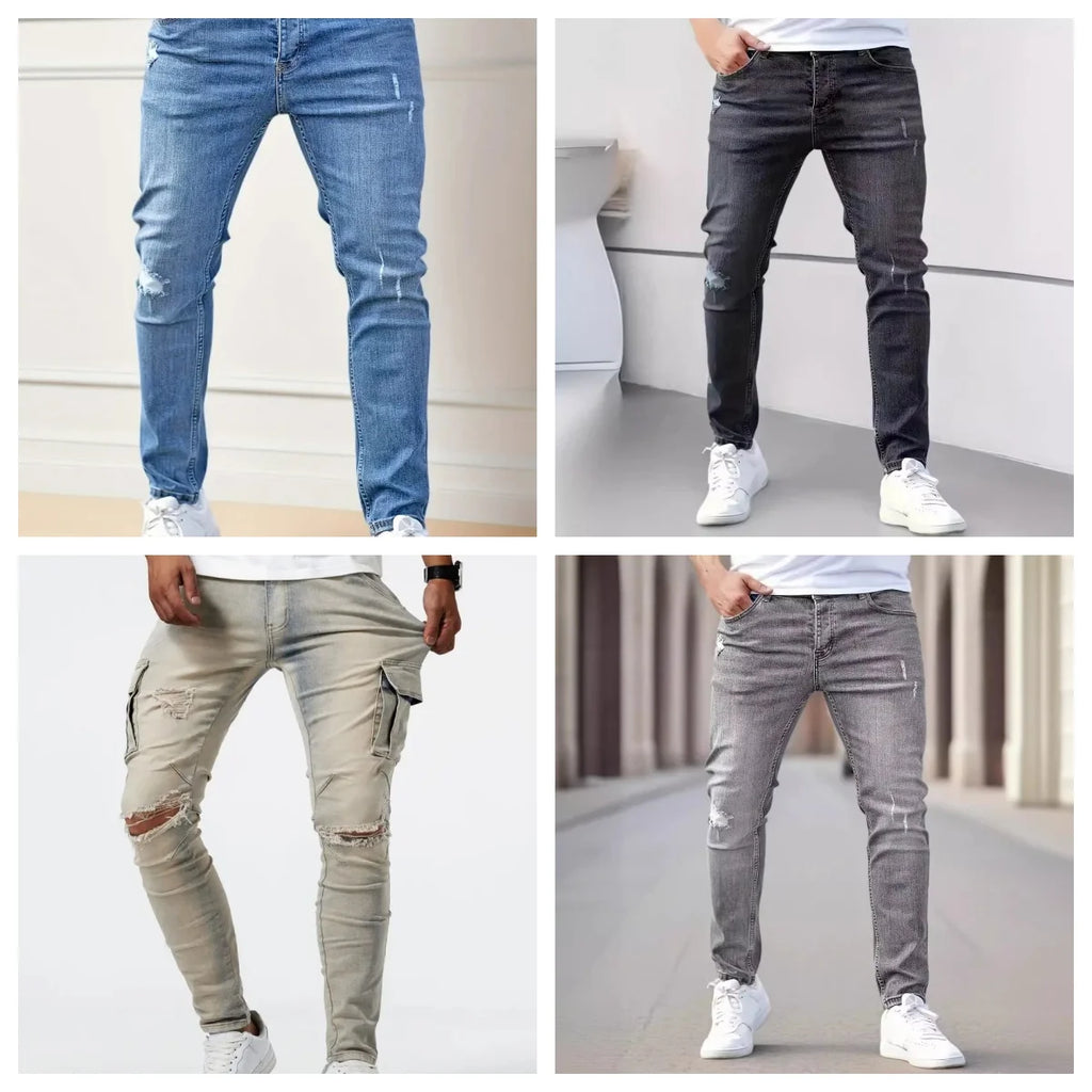 New Men's Elastic Slim Fit Jeans - Classic Ripped Cat Whiskers Casual Denim Pants - Black