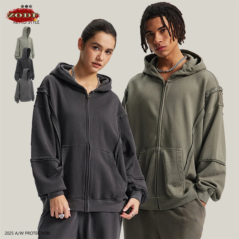ZODF Retro Winter Man 430gsm Zipper Cotton Hoodies Unisex Heavy Weight Washed Loose Edge Zip-up Hooded Coats HY1125