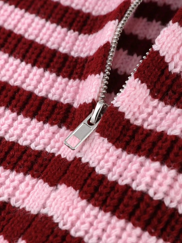 Women's Panelled Striped Zipper Knit Sweater Turtleneck Full Sleeve Coat 2026 Spring Autumn Female Casual Outings Daily Matching