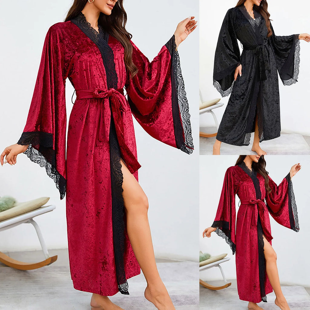 Women's Lace Velvet Bathrobe Breathable Nightgown Kimono Home Clothes Flare Sleeve Night Long Robe Female Sleepwear Homewear