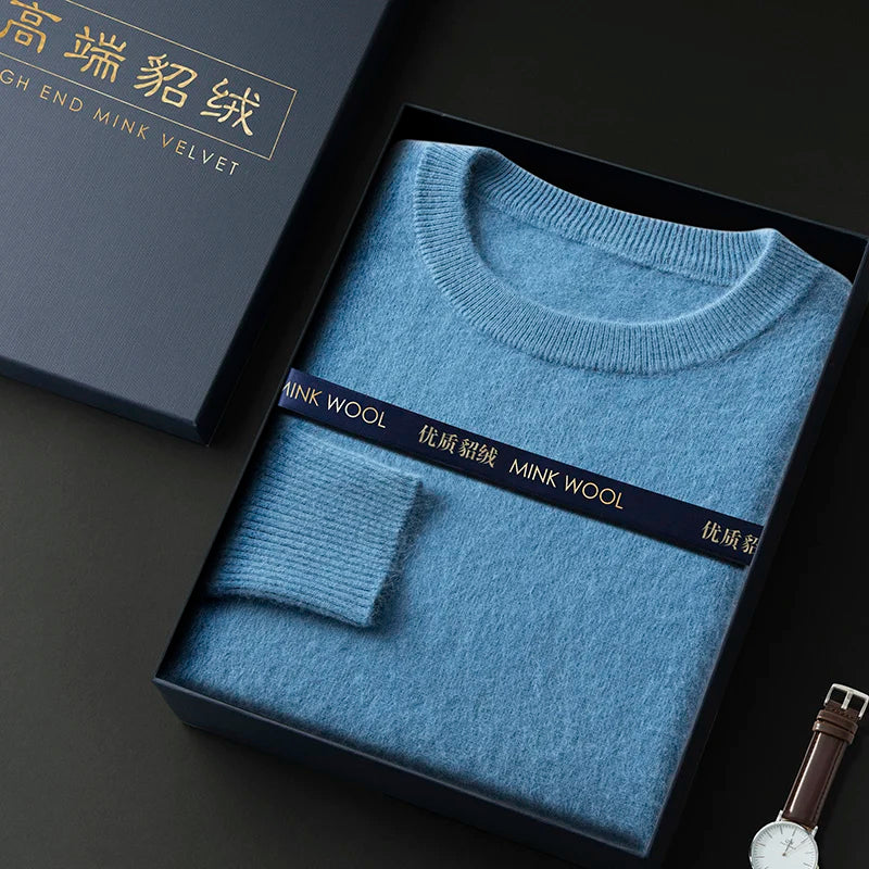 100% Pure Mink Cashmere Men's Round Neck Sweater for Autumn Winter, Casual Knitted Long Sleeved Pullover Sweater Men's Clothing