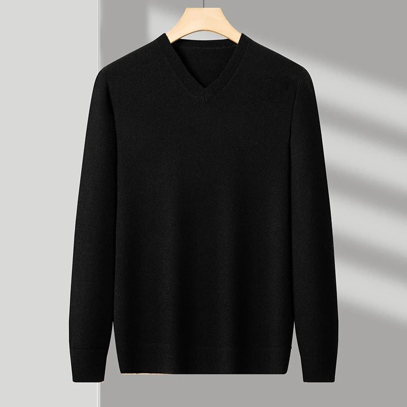 Men's V-Neck Basic Solid Color Sweatshirt Warm Autumn Knitted Oversize Pullover Elastic Round Neck Sweater for Casual Wear