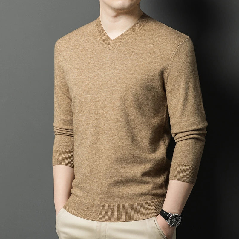 Men's V-Neck Basic Solid Color Sweatshirt Warm Autumn Knitted Oversize Pullover Elastic Round Neck Sweater for Casual Wear