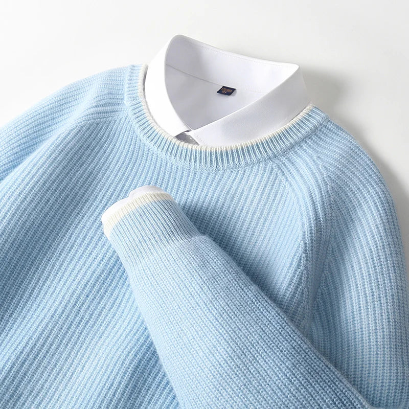 100% Pure Wool Men's Round Neck Thick Pullover Sweater - Youth Knitted Cashmere Sweater with Bottom