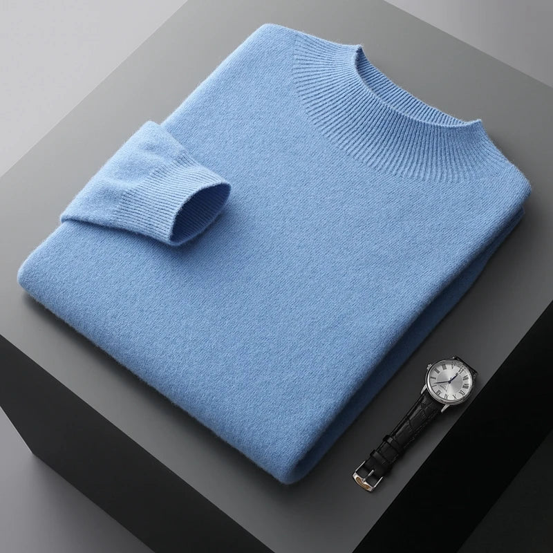 New Men's 100% Merino Wool Mock Neck Pullover Soft Warm Jumpers Quality Cashmere Sweater Casual Smart Knitwear Basic Tops Clothing