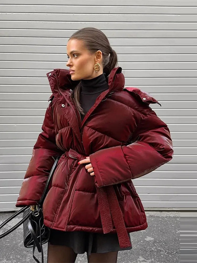 Chic Women's Shiny Pink Hooded Puffer Jacket Oversized Longline Winter Cotton-Padded Coat Fashion Warm Down Outerwear for Women