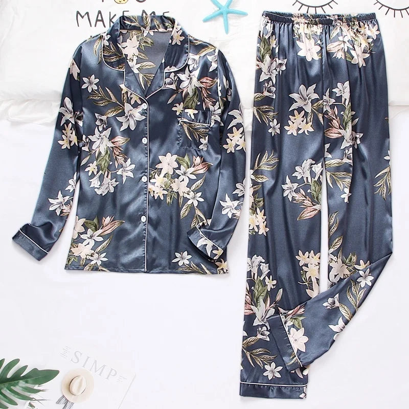 Spring Autumn Pajama Women Silk Satin Pajamas Set Long Sleeve Shirt with Trouser Sleepwear Loungewear Female Pajamas Suits Mujer