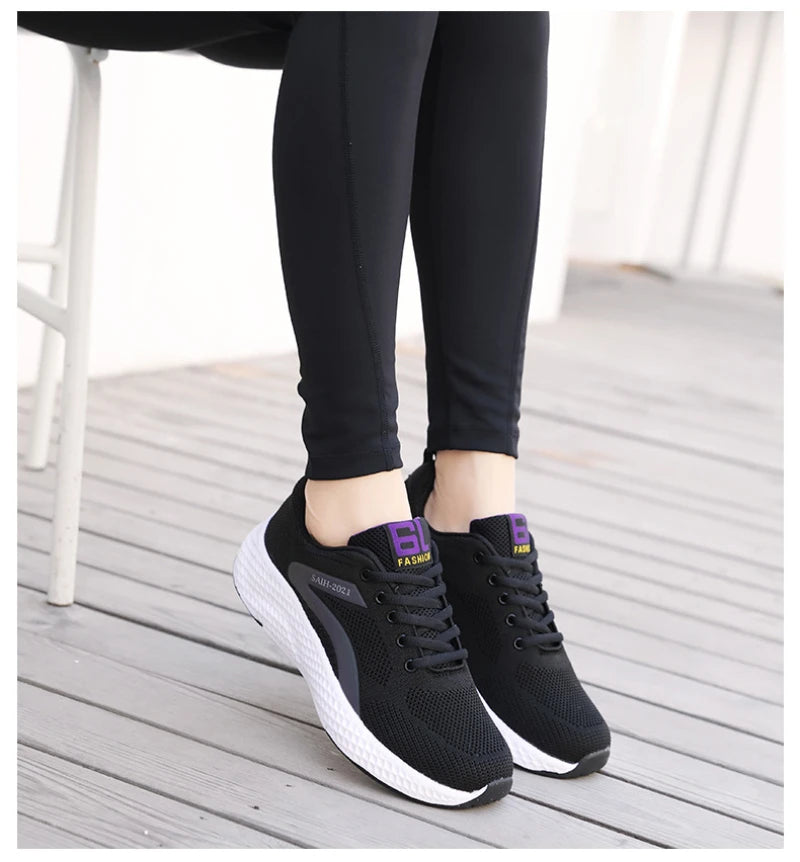 Women's Sports Shoes Comfortable Running Shoes Flying Knit Versatile Lace-Up Casual Shoes For Women Breathable And Fashionable