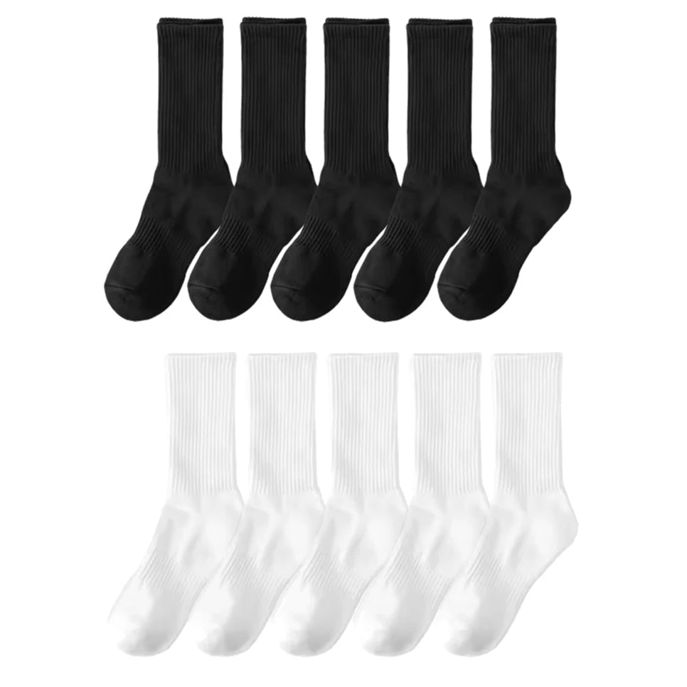 20 Pairs Pure Cotton Men's High Socks Classic Black White Breathable Sweat-Absorbent Warm Elastic Sports Socks