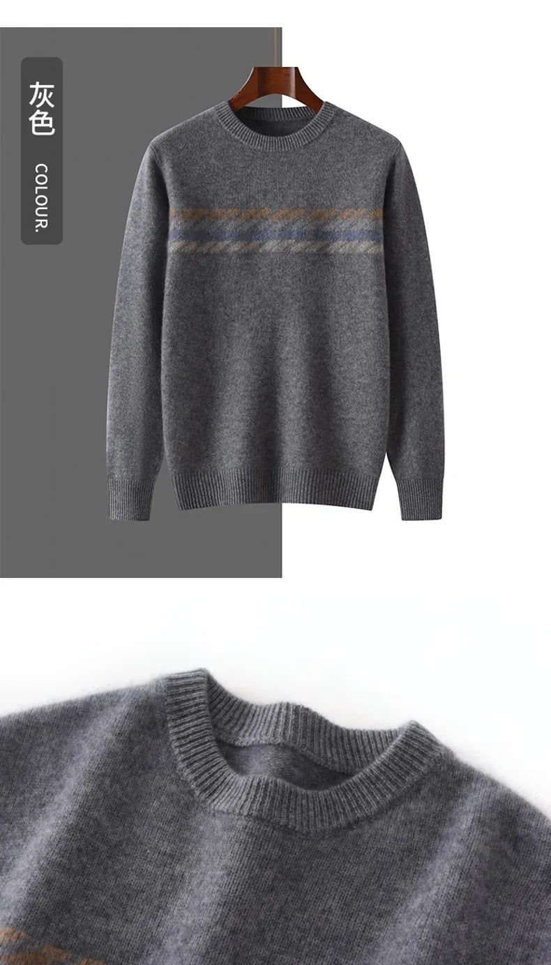 Autumn Winter New Round Neck 100% Cashmere Sweater for Men - Loose Thickened Casual Color Block Pullover Knitted Base Shirt