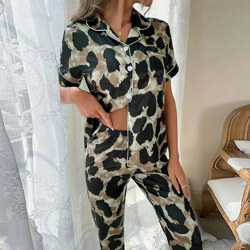 Spring Autumn Pajama Women Silk Satin Pajamas Set Long Sleeve Shirt with Trouser Sleepwear Loungewear Female Pajamas Suits Mujer