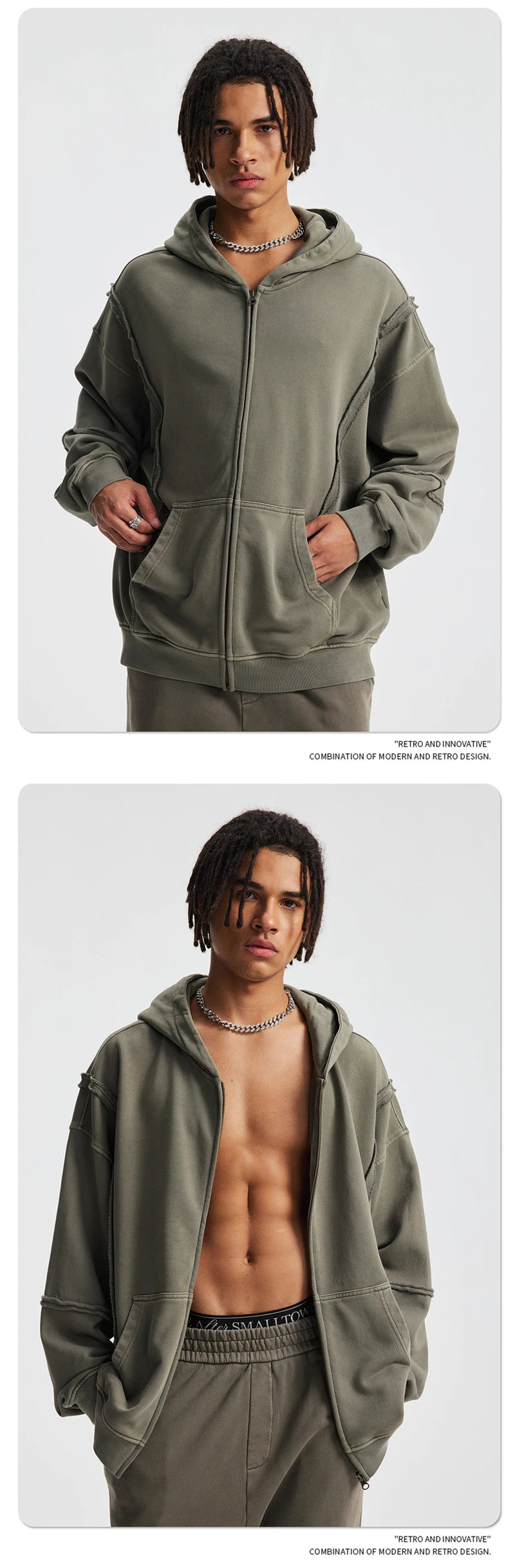 ZODF Retro Winter Man 430gsm Zipper Cotton Hoodies Unisex Heavy Weight Washed Loose Edge Zip-up Hooded Coats HY1125