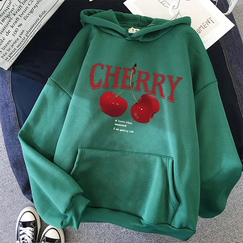 Girls 2000s Cherry Love Long Sleeve Pocket Hoodies Funny Gothic Sweatshirt Women's Print Casual Hoody Streetwear Y2k Clothes