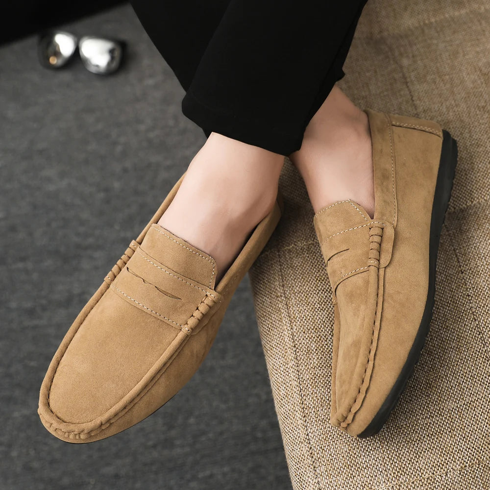 2025 Autumn Deer Leather Casual Men's Shoes Versatile Comfortable Work Shoes Driving Loafers Black, Grey, Khaki Three-Colour