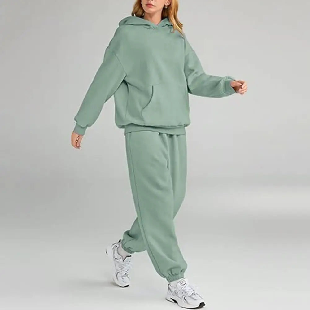 Women's Tracksuit Suit Winter Fashion Warm Hoodie Sweatshirts Two Pieces Oversized Solid Casual Hoody Pullovers Long Pant Sets