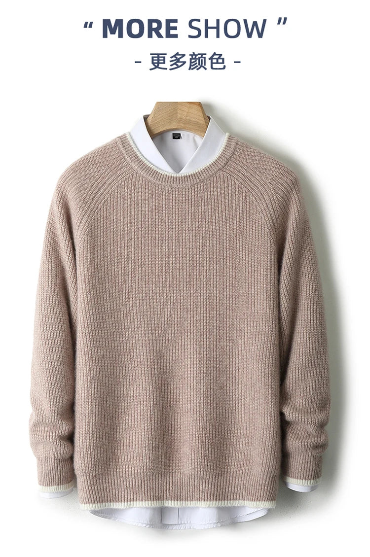 100% Pure Wool Men's Round Neck Thick Pullover Sweater - Youth Knitted Cashmere Sweater with Bottom