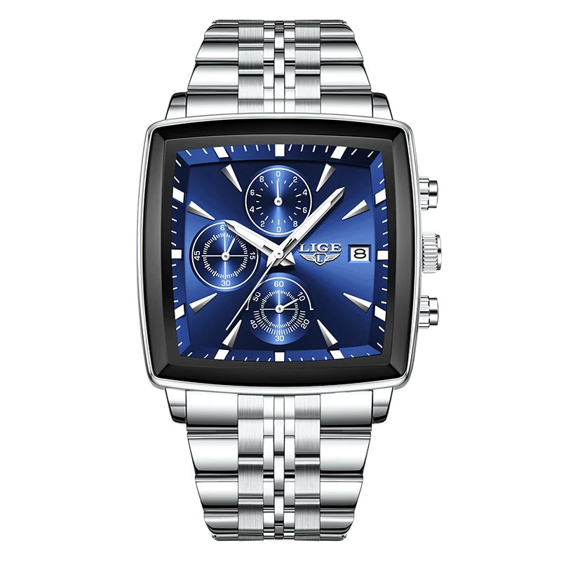 LIGE Top Brand Luxury Men's Watches Fashion Military Square Chronograph Quartz Wristwatches for Men Sports Waterproof Watch