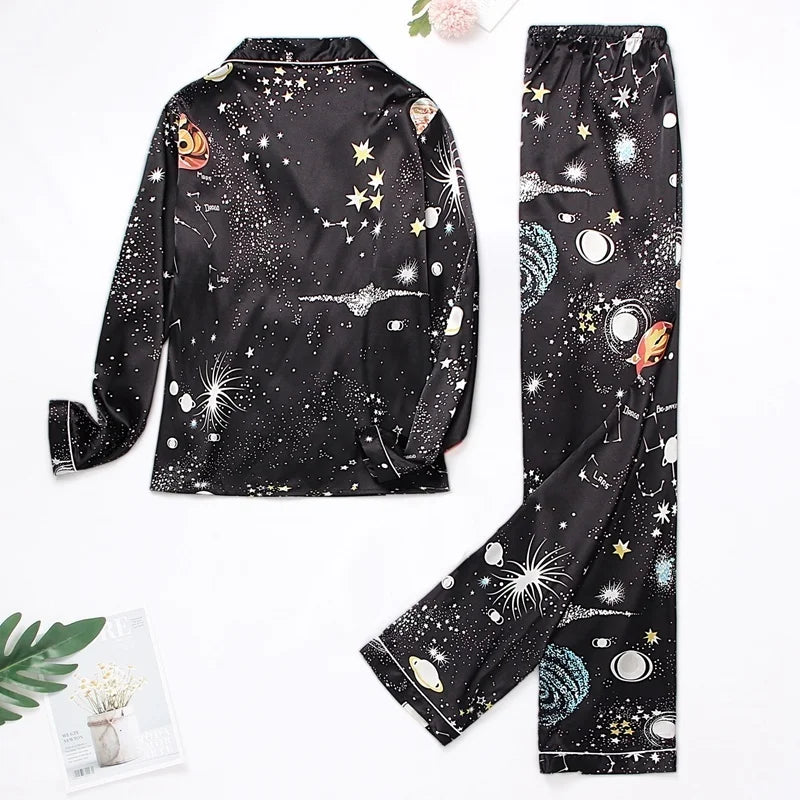 Spring Autumn Pajama Women Silk Satin Pajamas Set Long Sleeve Shirt with Trouser Sleepwear Loungewear Female Pajamas Suits Mujer