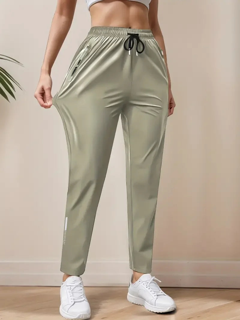 Women's High-Elasticity Ice Silky Fiber Casual Pants Quick-Dry with Zipper Pockets Adjustable Drawstring Waist Lightweight