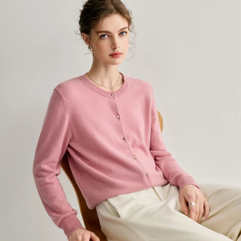 High-quality 100% Pure Cashmere Women's Cardigan Casual Knitted Sweater Loose Round Neck Tops Thickened Basic Pull Jumper