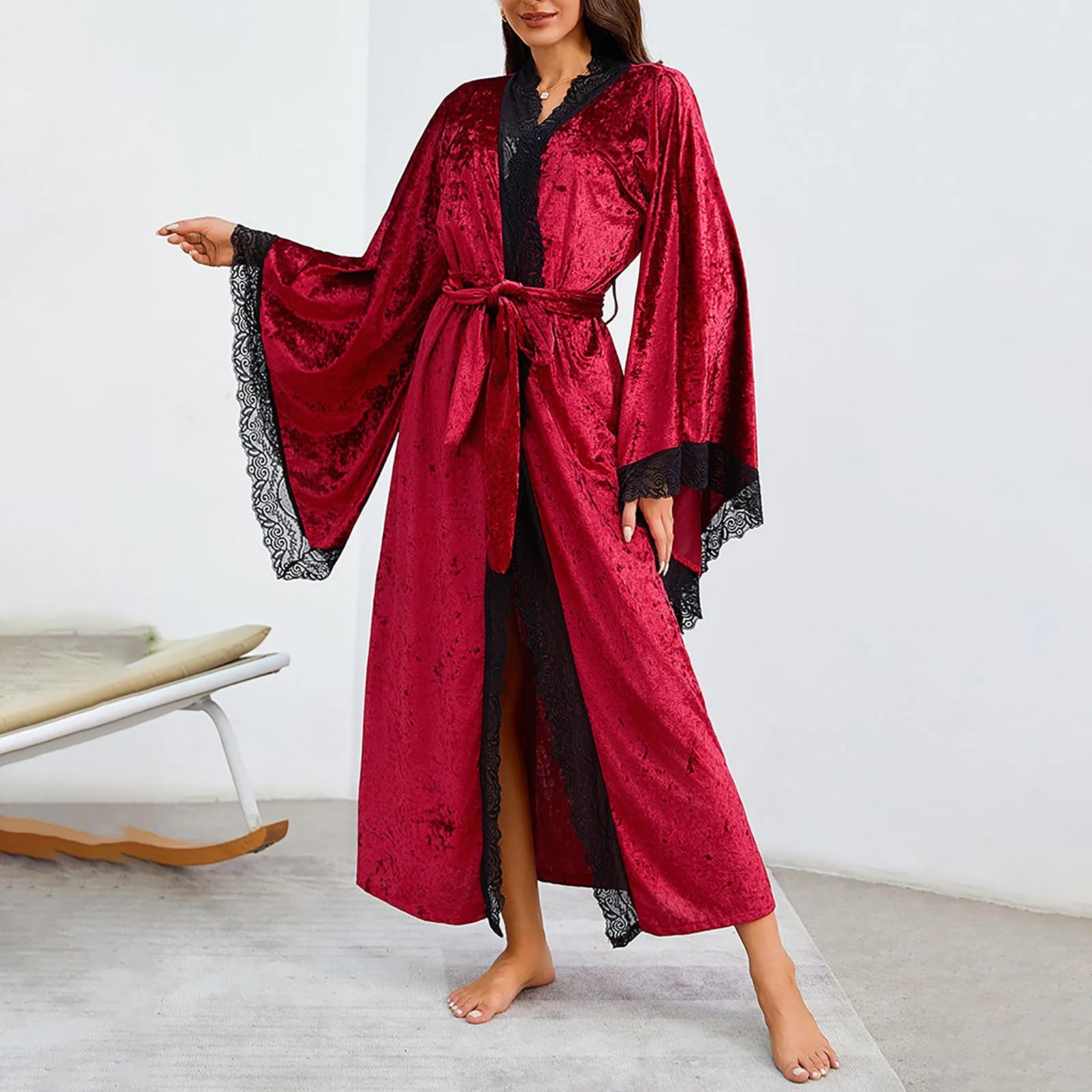 Women's Lace Velvet Bathrobe Breathable Nightgown Kimono Home Clothes Flare Sleeve Night Long Robe Female Sleepwear Homewear