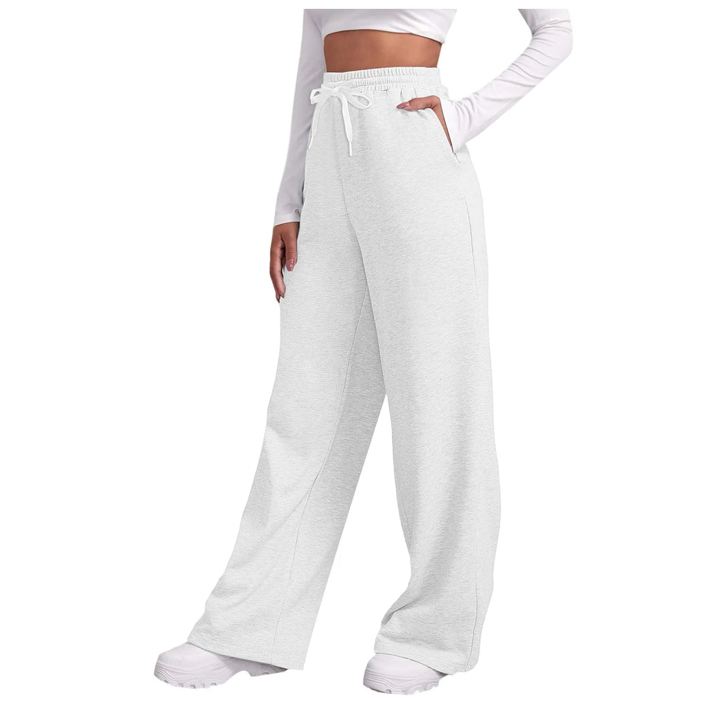 Women New Elastic Waist Pants with Side Pockets Fleece Lined Thick Wide Leg Sweatpants Pure Color Straight Cut