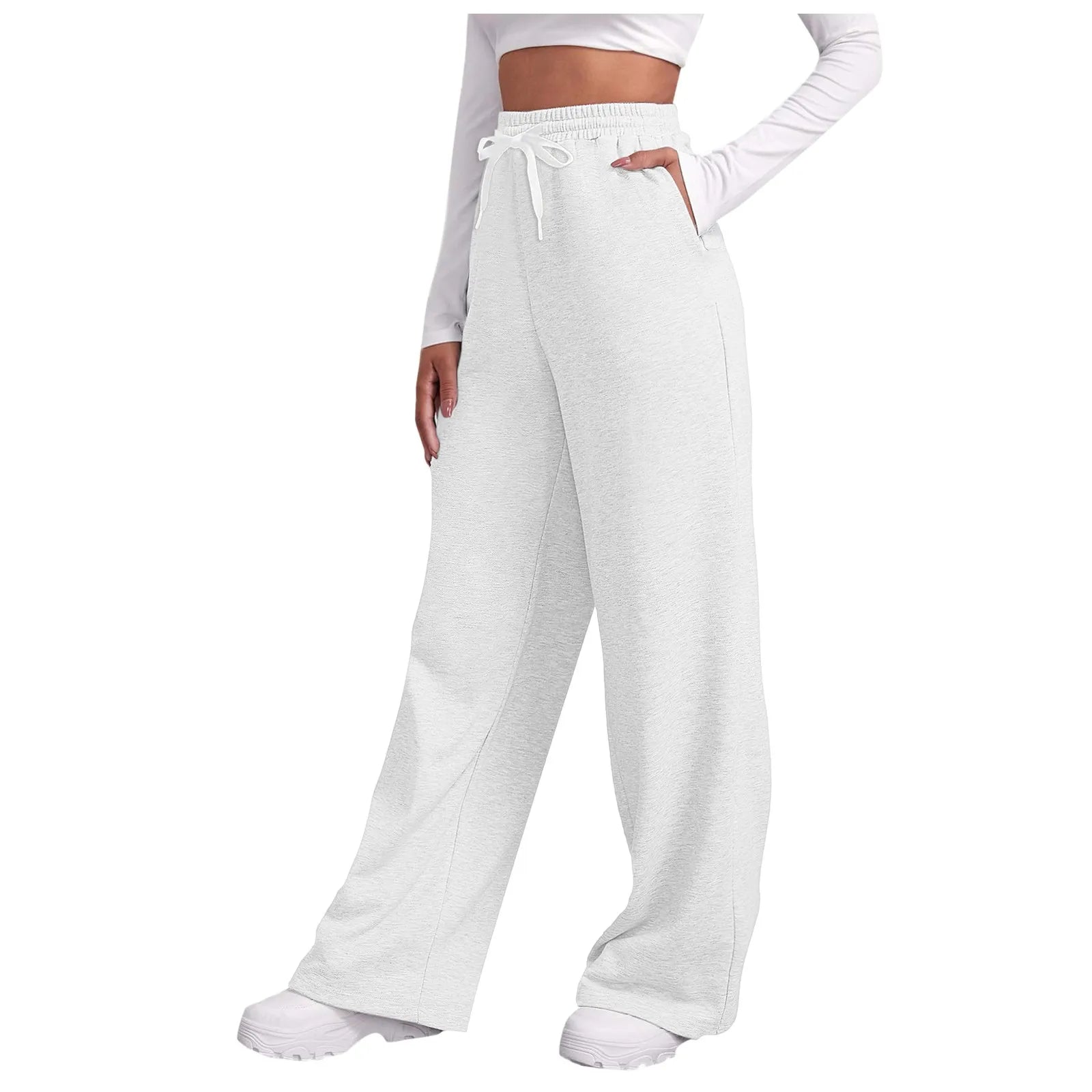 Women New Elastic Waist Pants with Side Pockets Fleece Lined Thick Wide Leg Sweatpants Pure Color Straight Cut