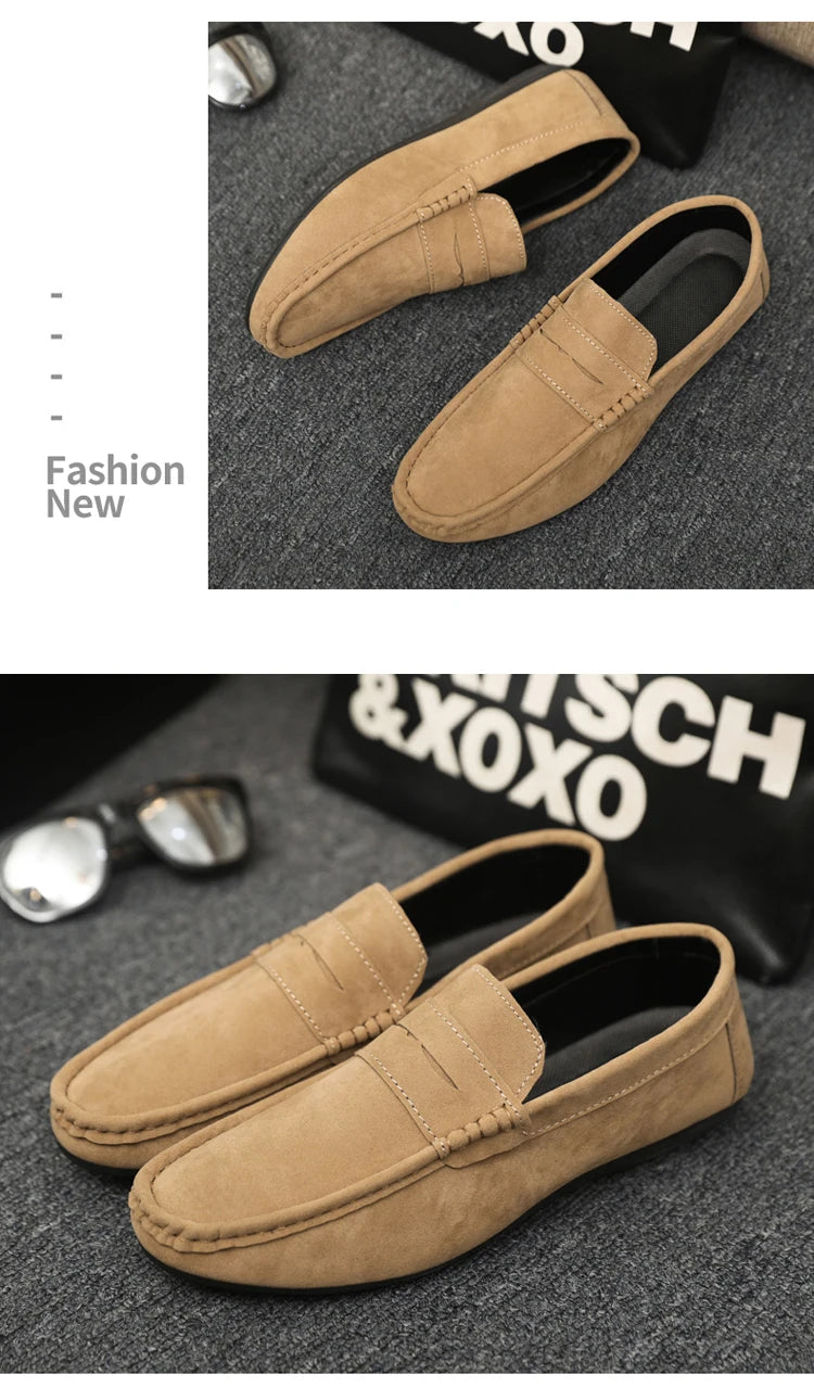 2025 Autumn Deer Leather Casual Men's Shoes Versatile Comfortable Work Shoes Driving Loafers Black, Grey, Khaki Three-Colour